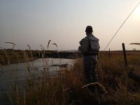 Un pescatore a mosca sul fiume all’alba